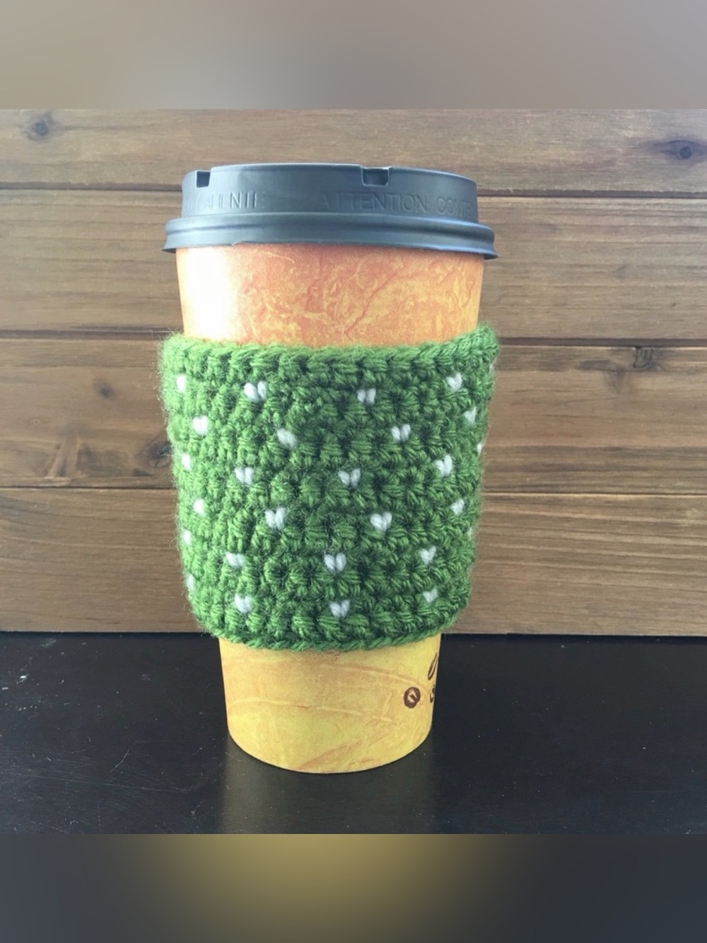 Handmade Green Crochet Coffee Sleeve with White Accent